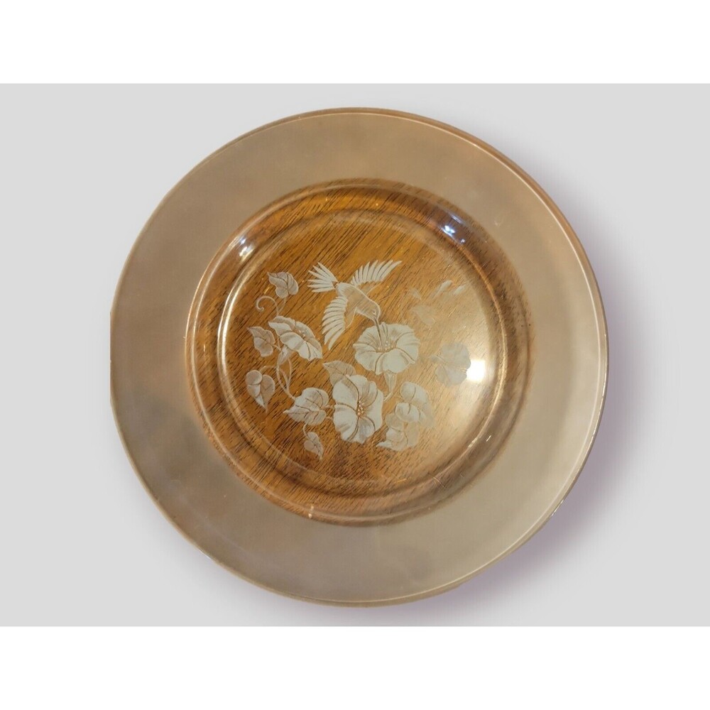 Avon Clear Etched Glass Plate - Hummingbirds & Flowers - 8" diameter (1980s)